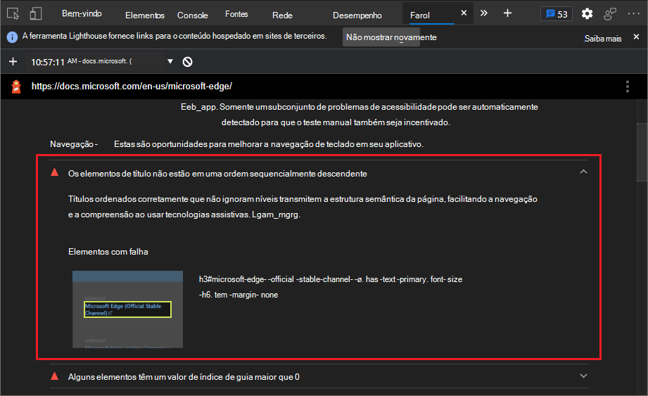 Um problema expandido num relatório do Lighthouse