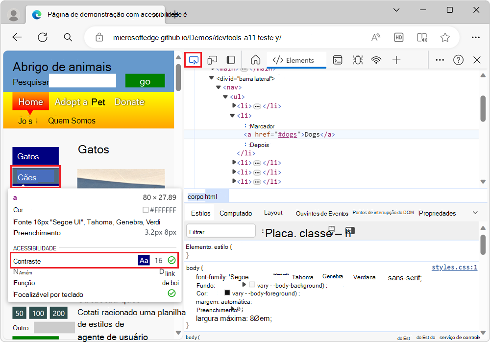 Os links no menu de navegação da barra lateral têm contraste suficiente, conforme mostrado na sobreposição Inspecionar