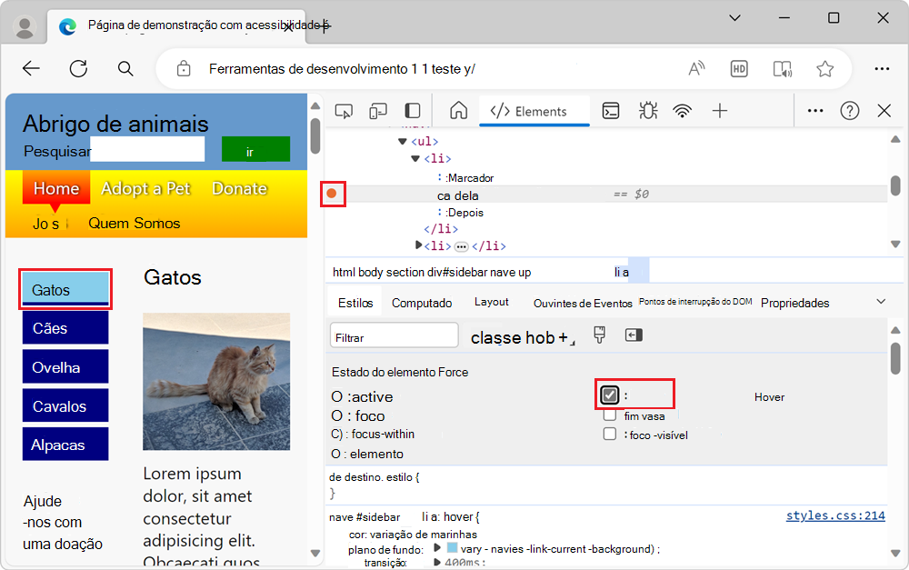 DevTools simulando um estado de hover