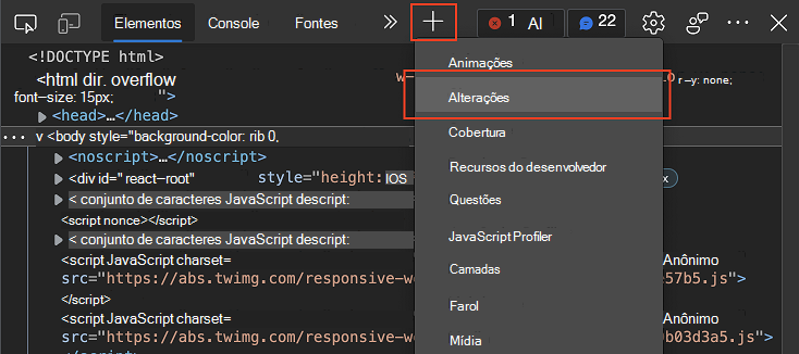 O ícone e o menu 'Mais ferramentas' (+) na Barra de Atividades, com a ferramenta Alterações selecionada