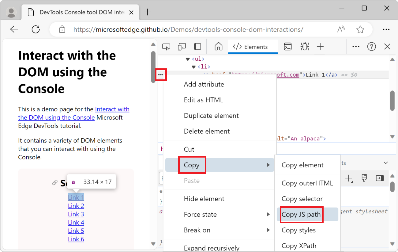 O item de menu Copiar Caminho JS na ferramenta Elementos