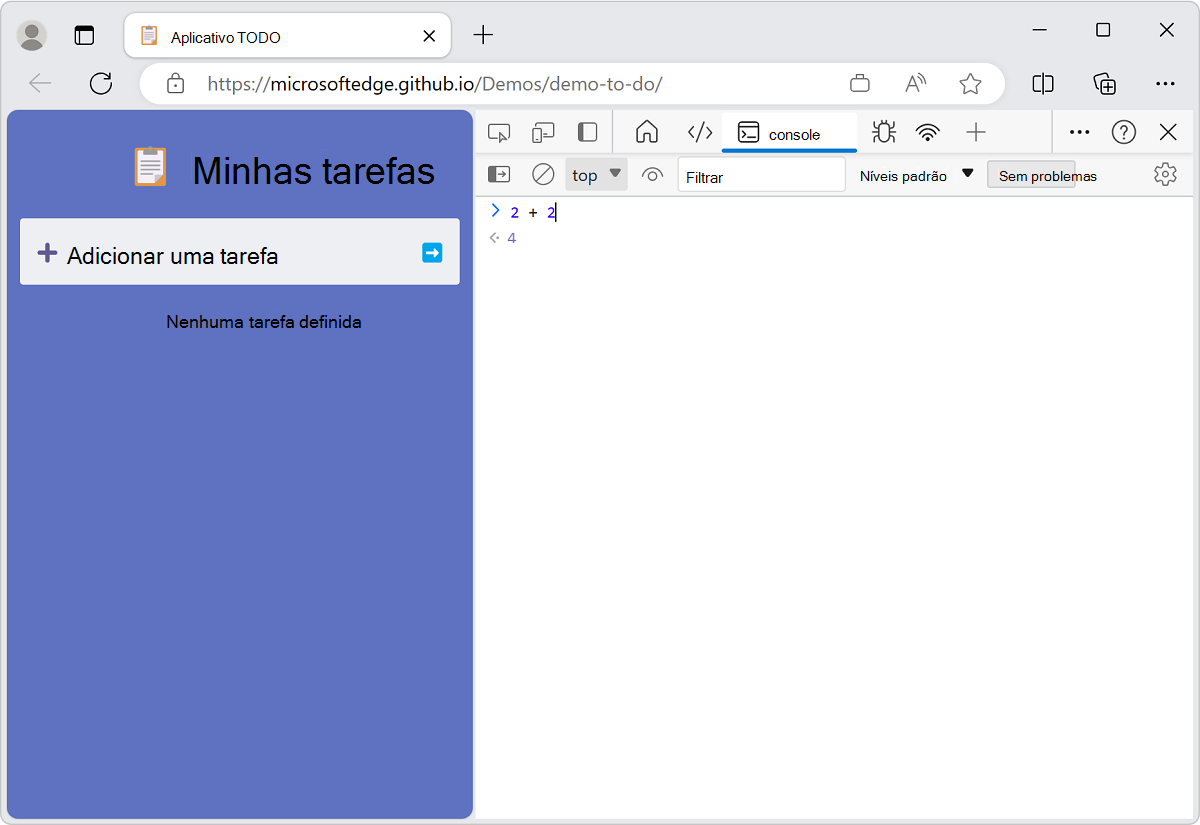 O Console exibe o resultado de 2+2 ao vivo ao digitá-lo