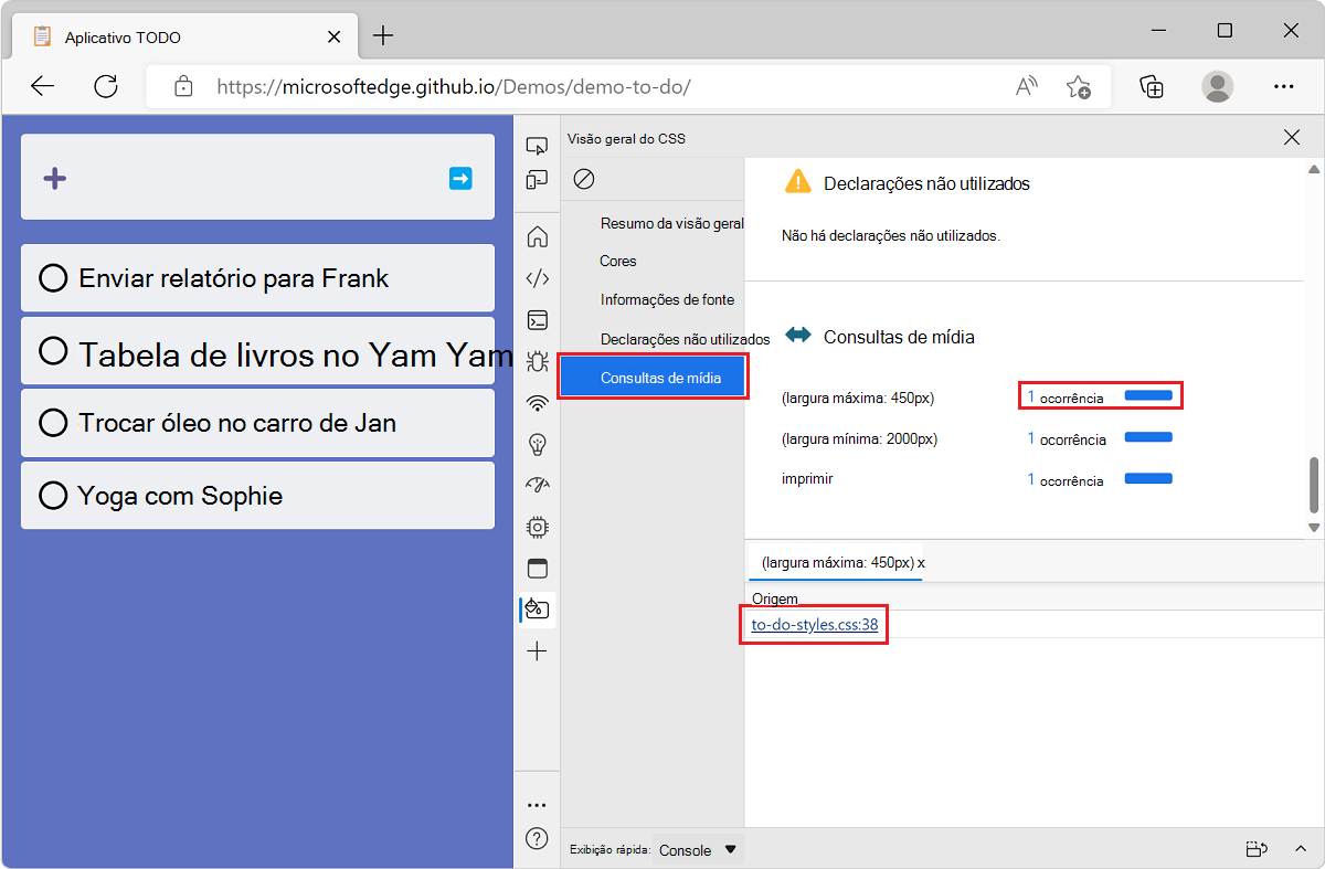 Microsoft Edge, com o aplicativo de demonstração de lista TODO e DevTools, mostrando a seção consultas de mídia da ferramenta Visão geral e a lista de arquivos que contêm uma determinada consulta de mídia