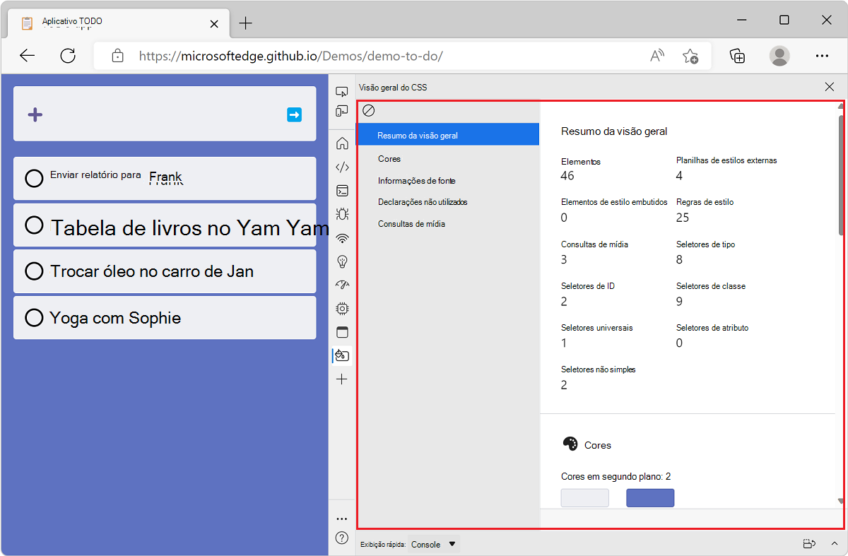 Microsoft Edge, com o aplicativo de demonstração de lista TODO e DevTools ao lado dele, mostrando o relatório de visão geral do CSS para esse site