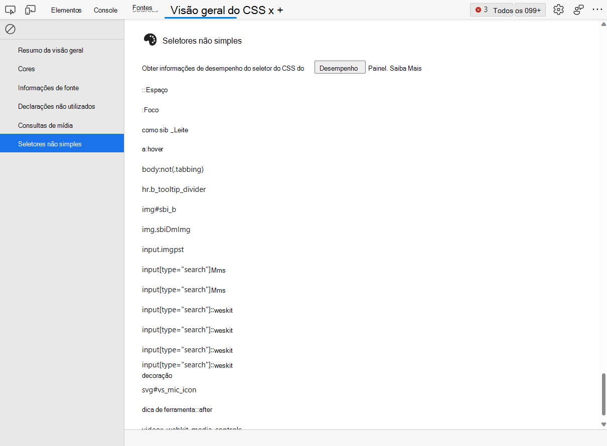 A lista de seletores não simples na ferramenta visão geral do CSS