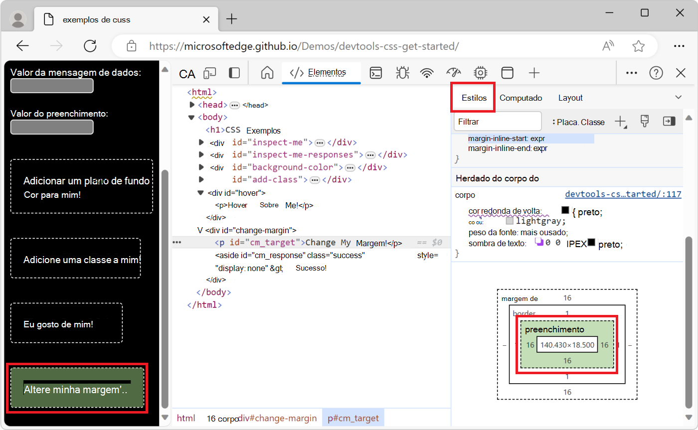 Pairar o cursor sobre o preenchimento do elemento