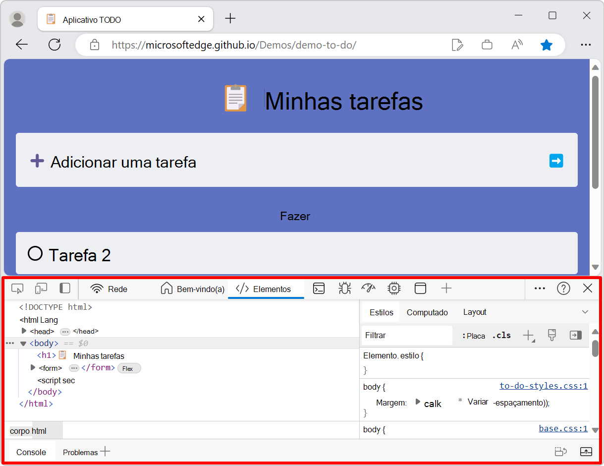 DevTools encaixados na parte inferior