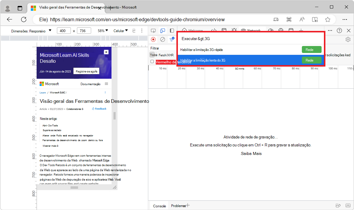 Selecionar Ativar limitação 3G rápida ou lenta no Menu de Comandos