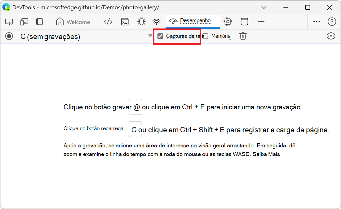 A caixa de verificação Capturas de Ecrã