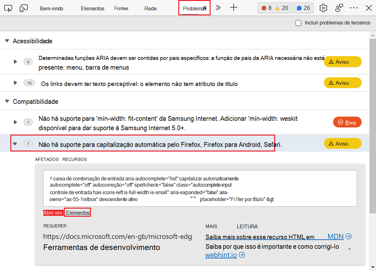 webhint feedback na ferramenta Problemas