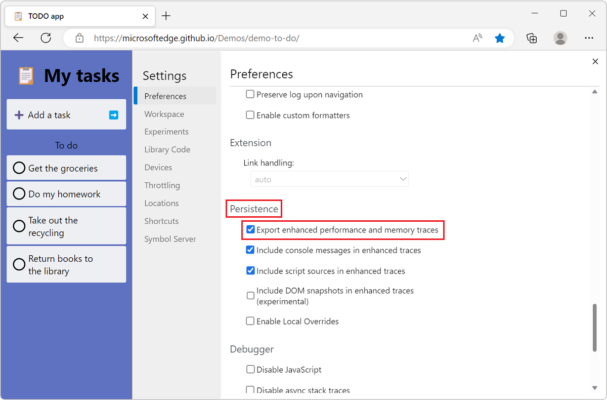 O painel Definições em DevTools, com a opção de rastreios melhorados selecionada