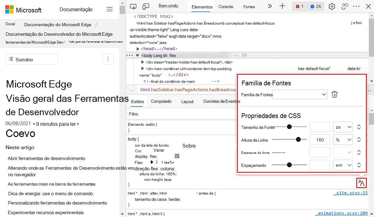 O Editor de Tipos de Letra é aberto na parte superior do painel Estilos