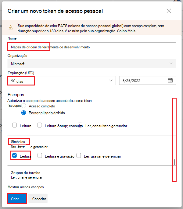 A caixa de diálogo 'Criar um novo token de acesso pessoal', com o escopo 'Leitura' para Símbolos selecionados