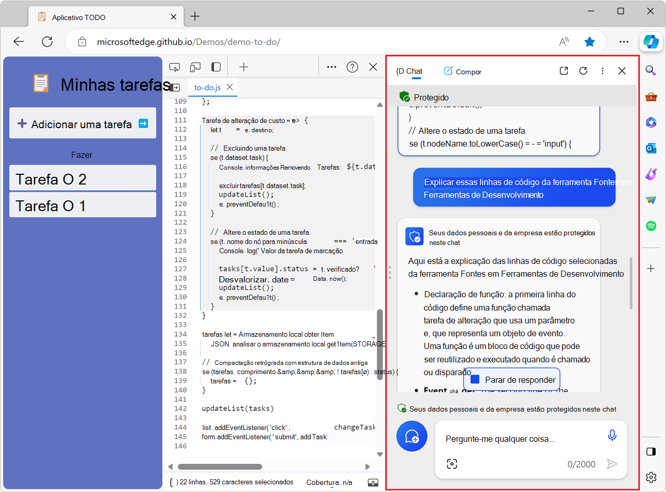 Copiloto na barra lateral do Microsoft Edge, mostrando o código-fonte e a explicação.