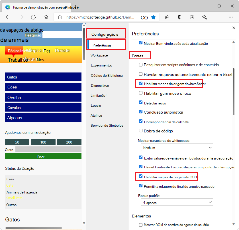 A secção Origens da página Preferências com as caixas de verificação 