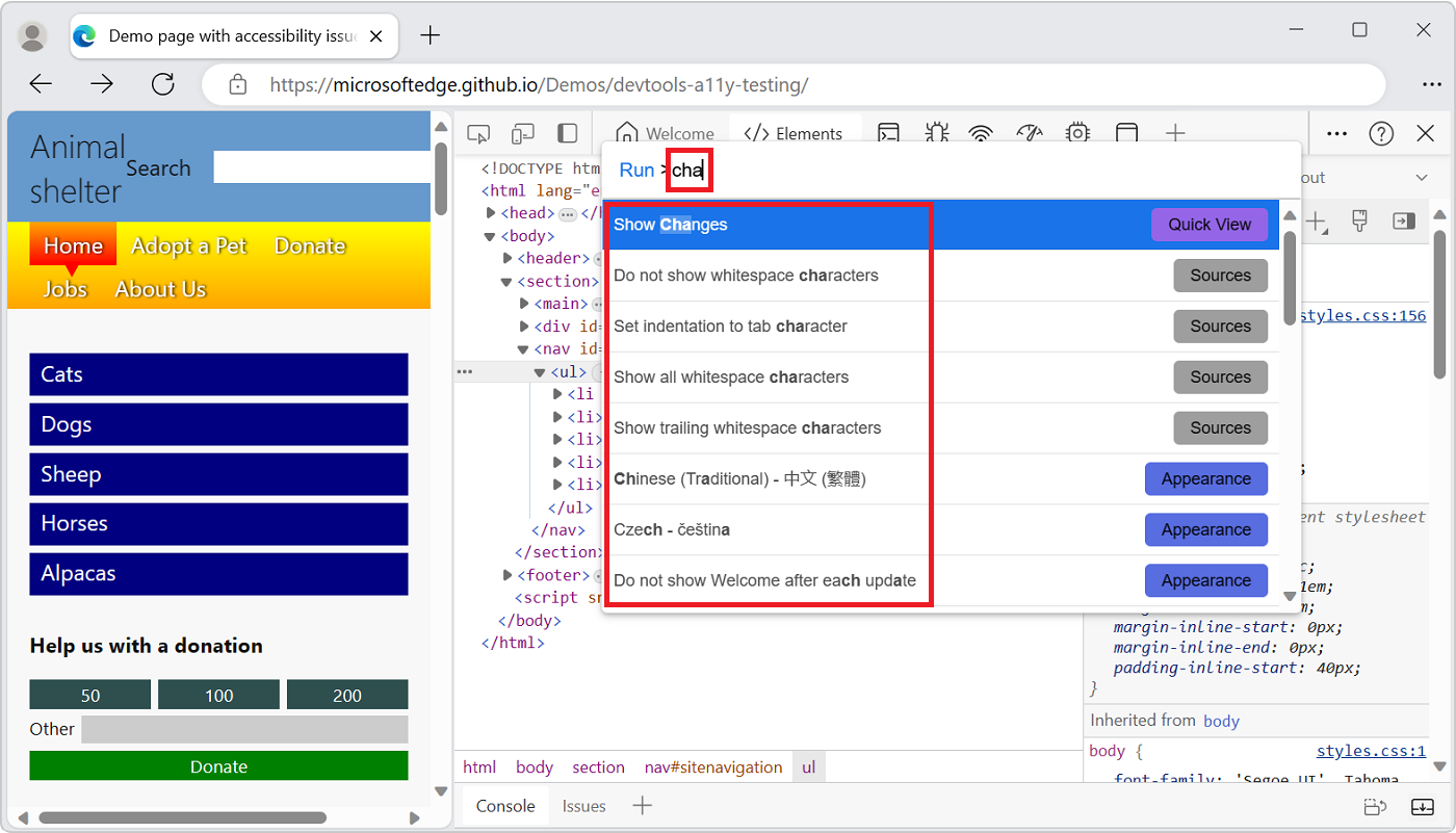 O menu comando apresenta as opções depois de escrever 