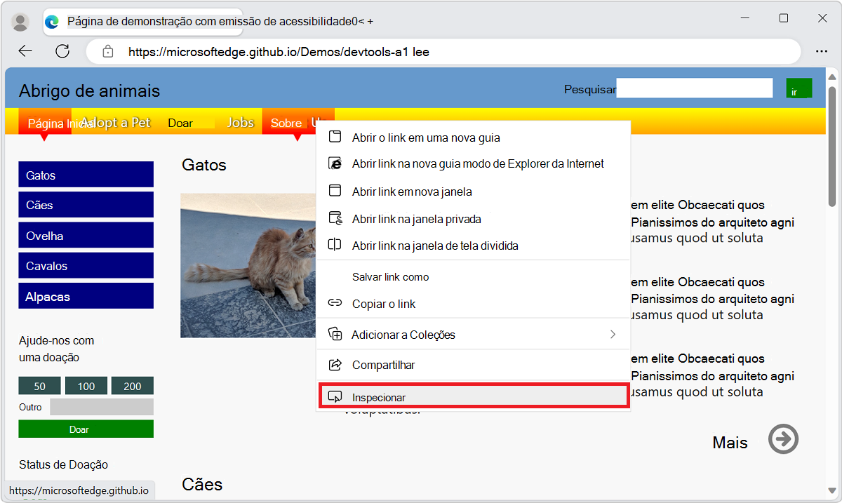 Clicar com o botão direito do rato numa ligação Sobre Nós numa página Web de demonstração e, em seguida, selecionar o comando Inspecionar