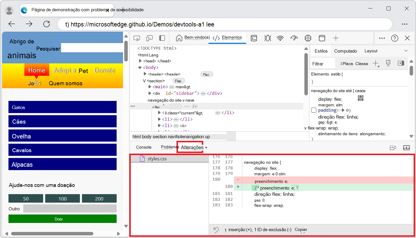 DevTools com a ferramenta Alterações aberta no painel Vista Rápida