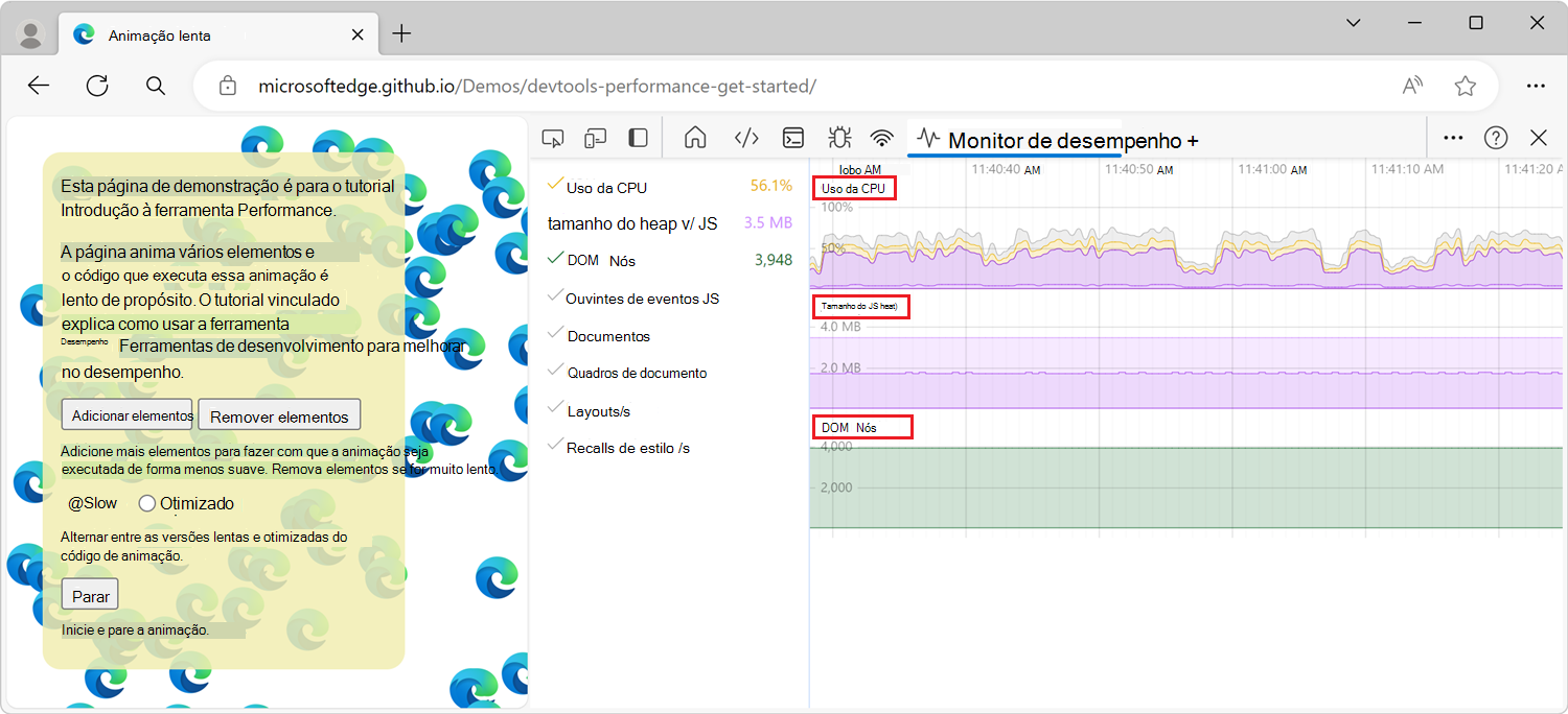 Como é a ferramenta de monitor de desempenho quando é aberta pela primeira vez