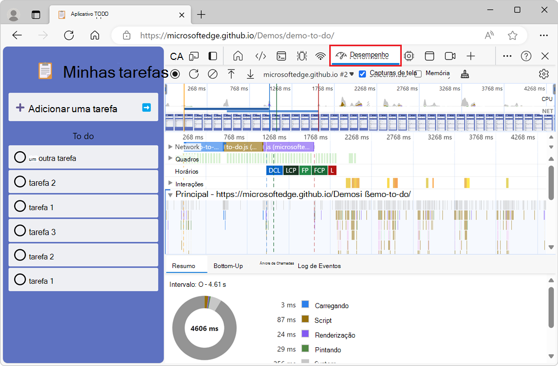 A ferramenta Desempenho que exibe uma gravação do desempenho do site