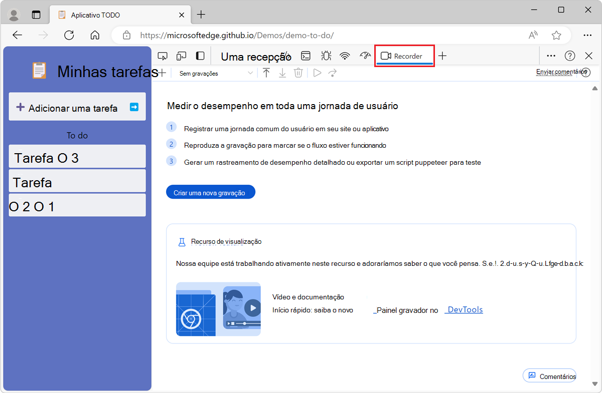 O aplicativo TODO de demonstração e a ferramenta Gravador em DevTools, ao lado dele