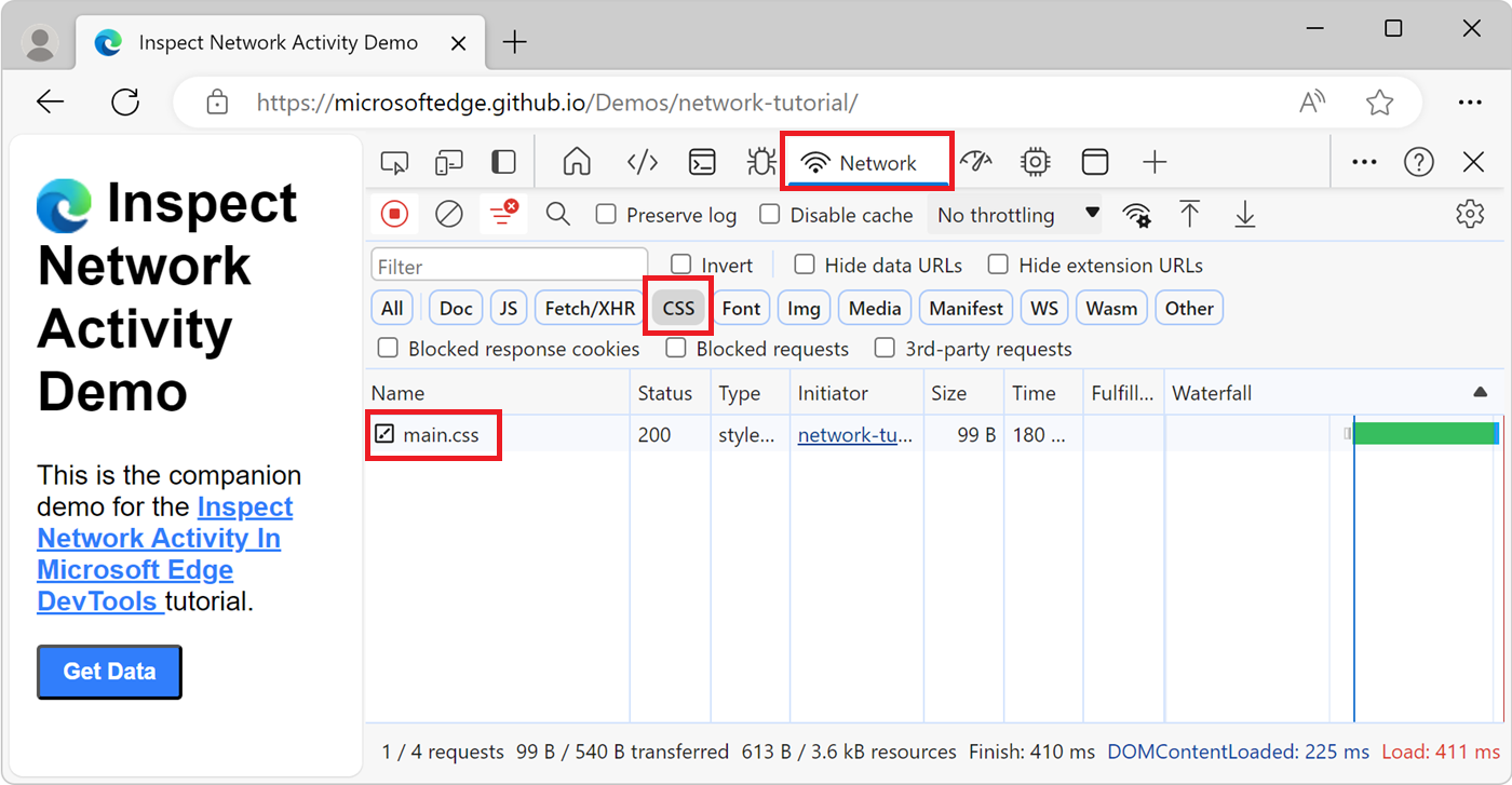 Filtrar para listar apenas ficheiros de recursos CSS no Registo de Rede