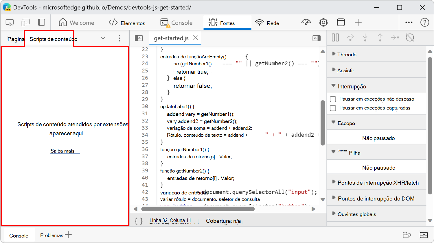 O separador Scripts de conteúdo do painel Navegador