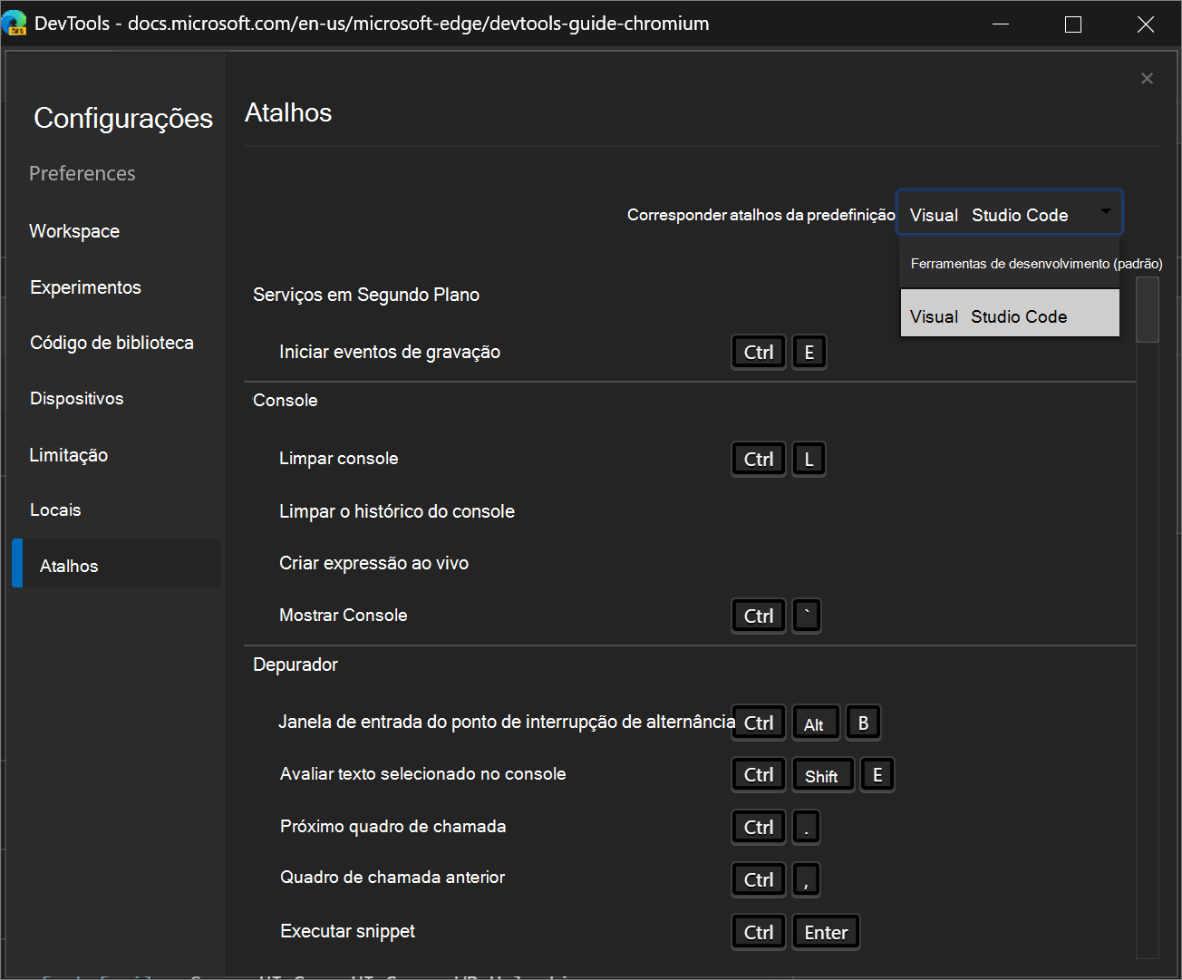 Corresponder atalhos de teclado em DevTools a Visual Studio Code