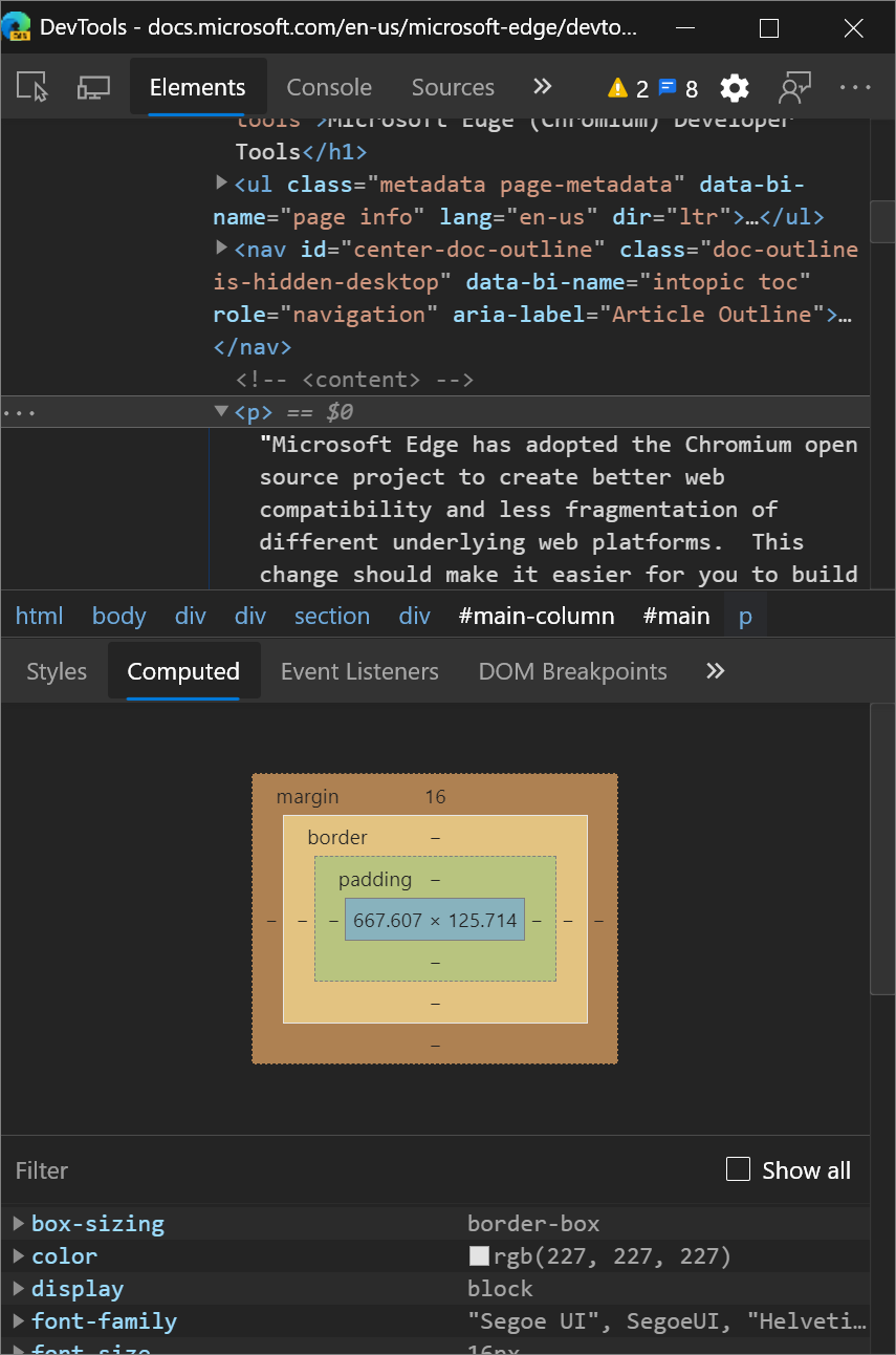 O painel Calculado é apresentado consistentemente como um painel separado, mesmo quando o DevTools é estreito