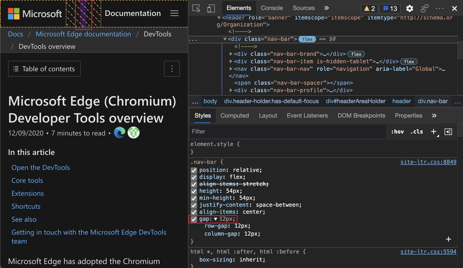 Lacuna de Flexbox nas propriedades do CSS e página Web realçada