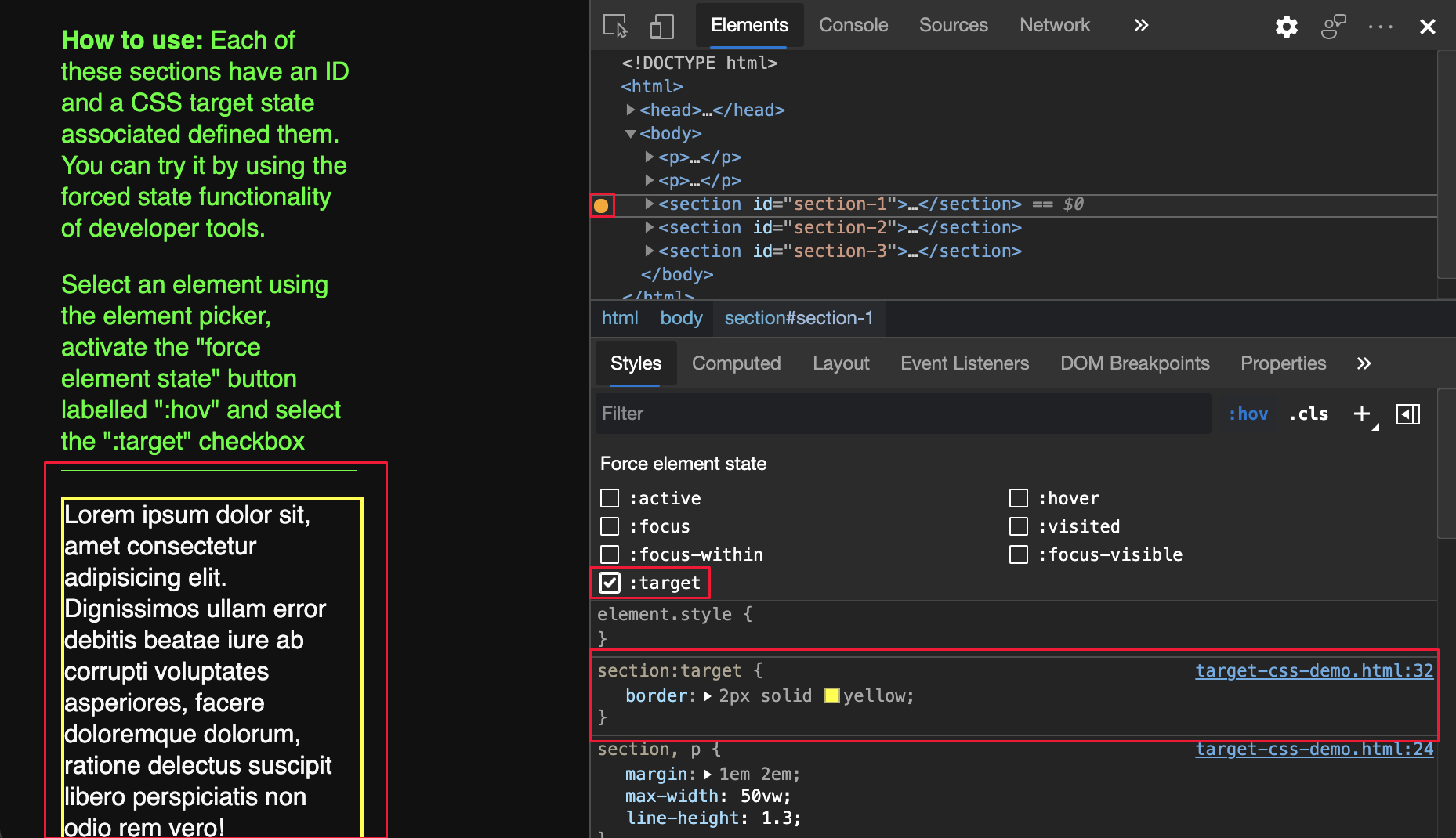 :página Web e forçada do CSS de destino realçada