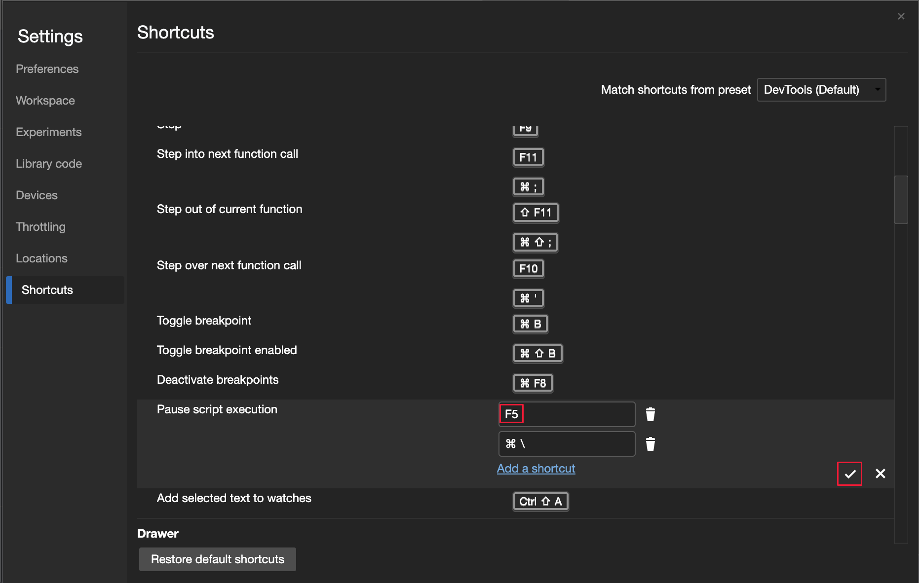 Personalizar atalhos de teclado nas Definições de DevTools em Atalhos com um atalho no modo de edição