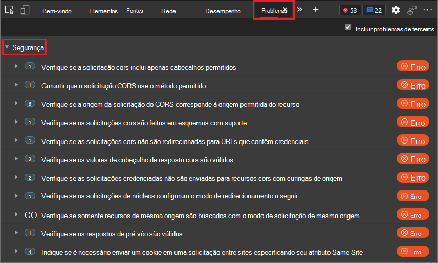 Problemas do CORS no separador Problemas