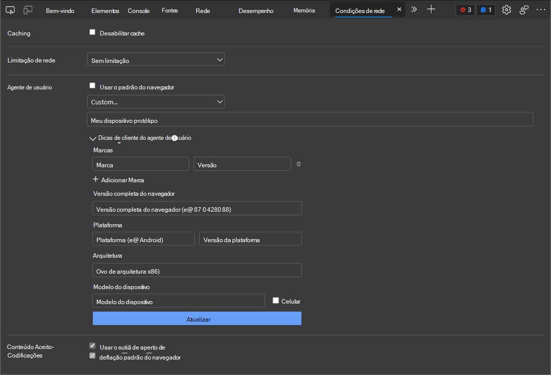 Definir sugestões de cliente User-Agent para um dispositivo personalizado na ferramenta Condições de rede