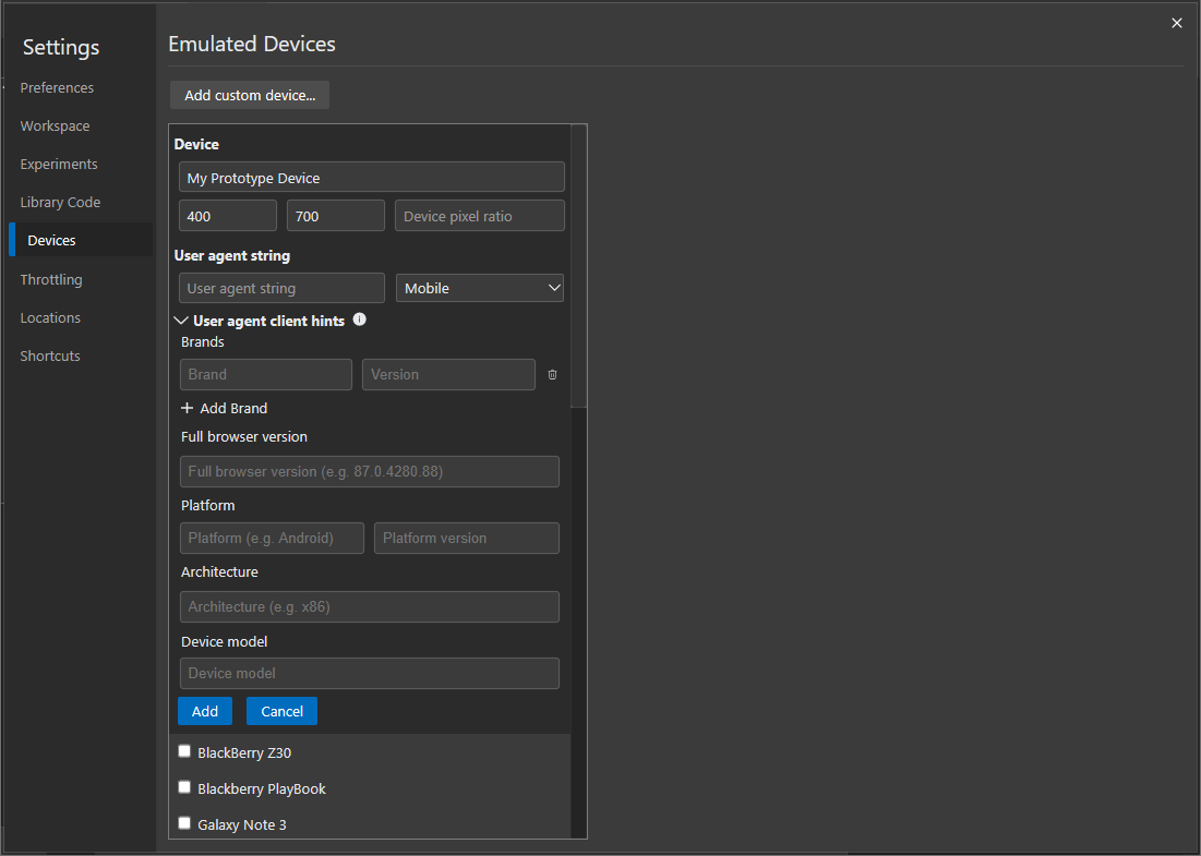 Definir sugestões de cliente User-Agent para um dispositivo personalizado nas Definições