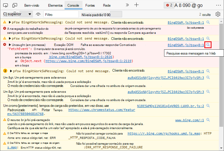 Todas as mensagens de erro e aviso na Consola têm agora um ícone Procurar na Web