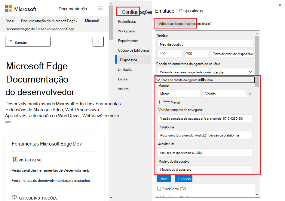 Definições > Definições de Dispositivos > User-Agent Sugestões de Cliente