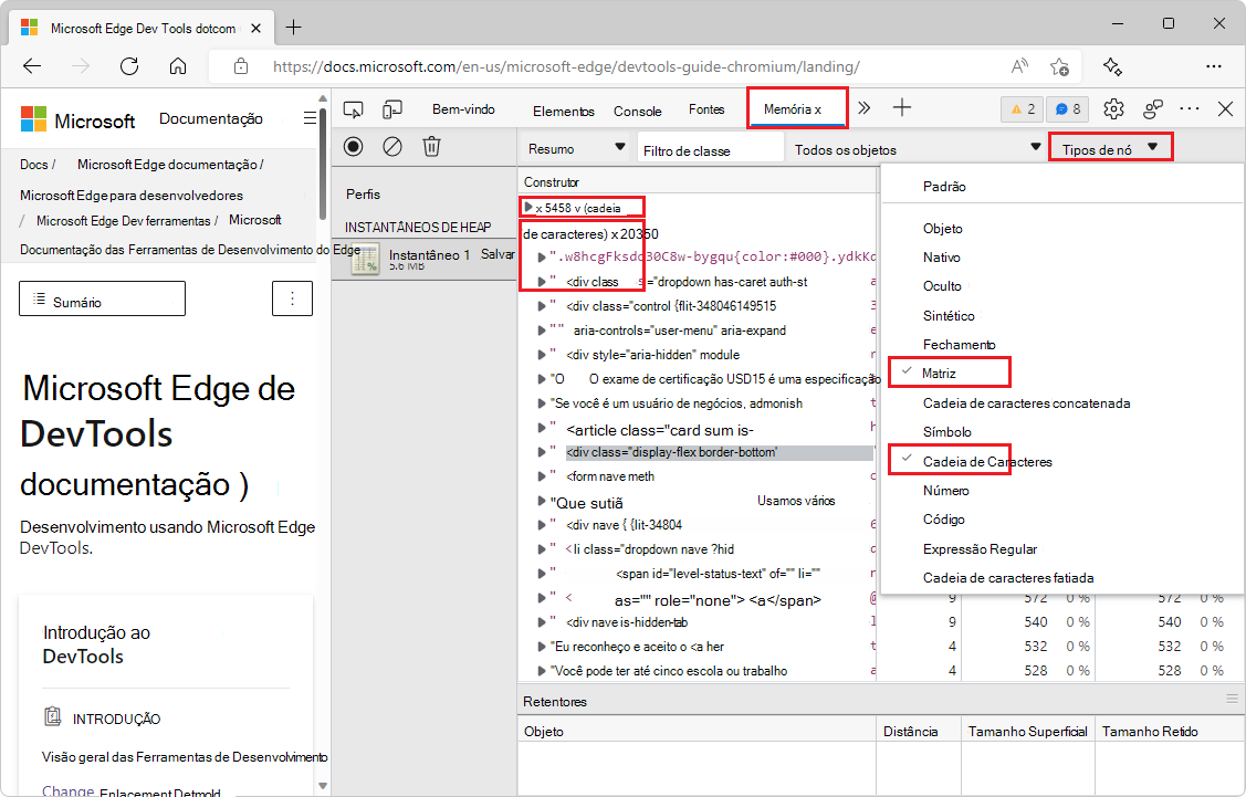 Tipos de Nós numa área dinâmica para dados snapshot na ferramenta Memória