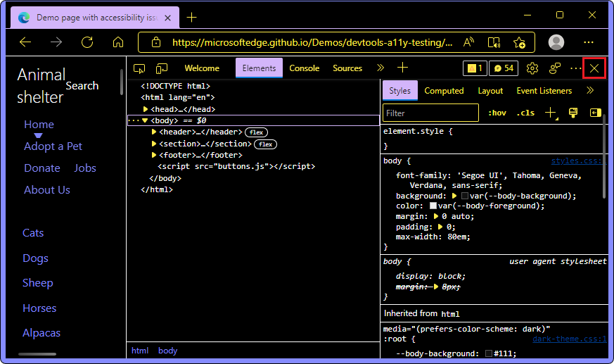 O botão Fechar DevTools (X) no modo de alto contraste