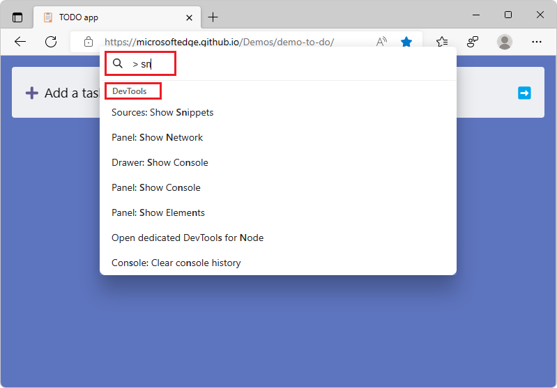 Paleta de Comandos do Microsoft Edge a > entrar para selecionar comandos DevTools