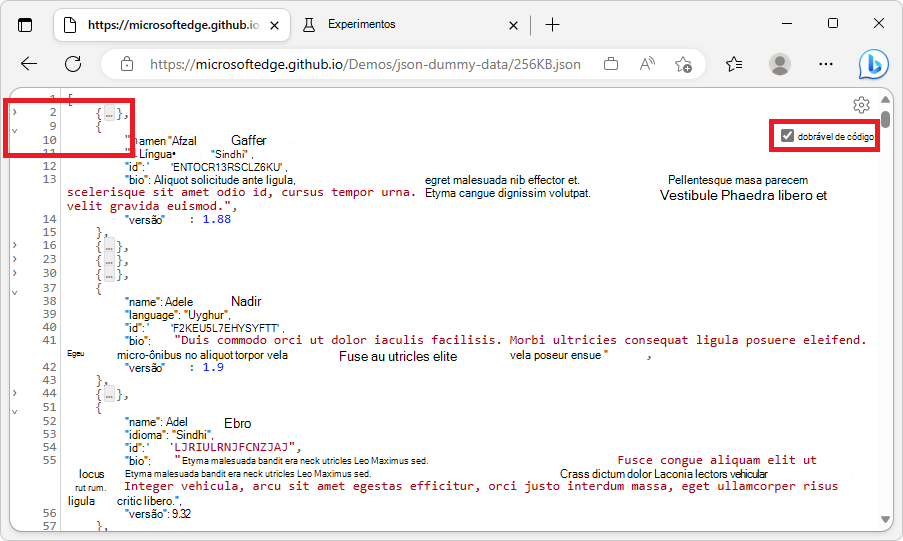 Dobragem de código no Visualizador JSON do Microsoft Edge