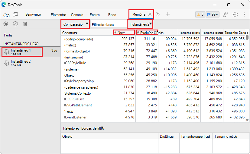 Comparar dois instantâneos de área dinâmica para dados no Microsoft Edge 114