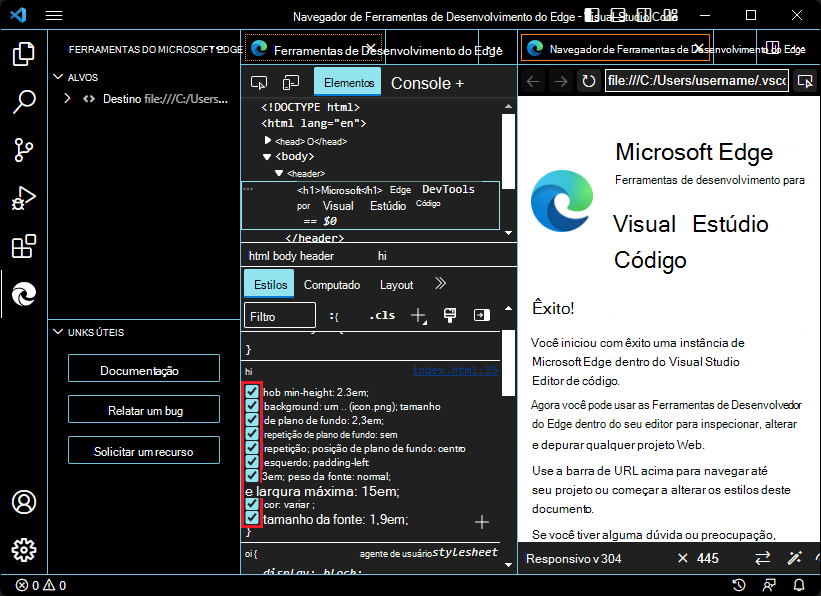 Pairar o cursor sobre caixas de verificação no painel Estilos no modo de alto contraste na extensão do VS Code