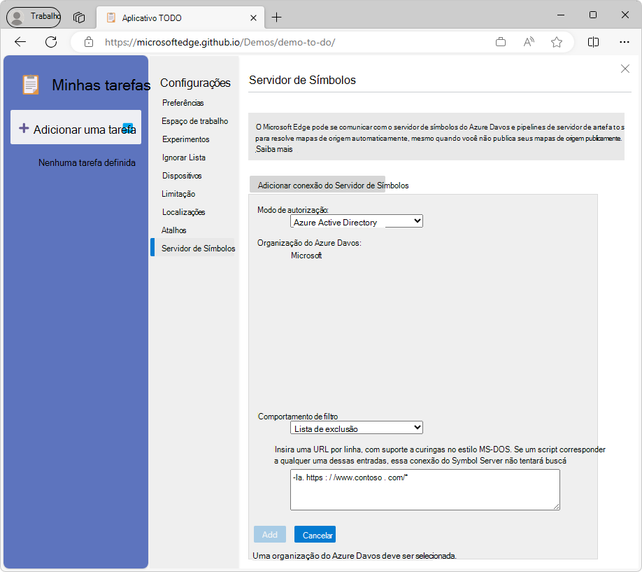 Ligar ao servidor de símbolos com Microsoft Entra ID a partir das definições de DevTools