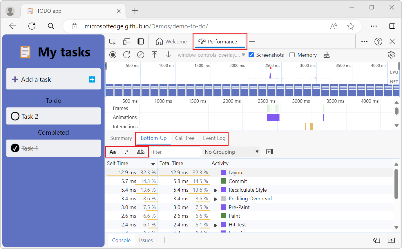 Os botões 'Match Case', 'Use Regular Expression' e 'Match whole word' nas guias Bottom-Up, Call Tree e Log de Eventos da ferramenta de desempenho