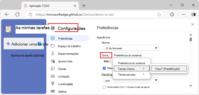 O menu Tema nas Preferências de DevTools