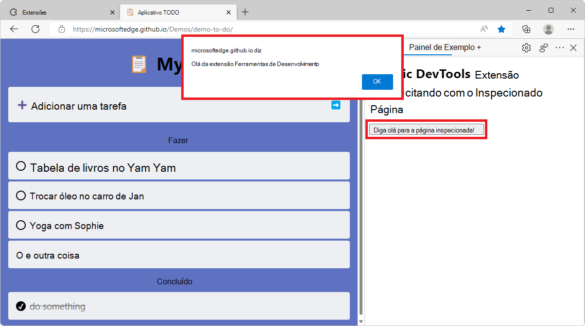 Microsoft Edge, a mostrar o novo painel de extensões em DevTools na parte lateral e uma janela de caixa de diálogo de alerta