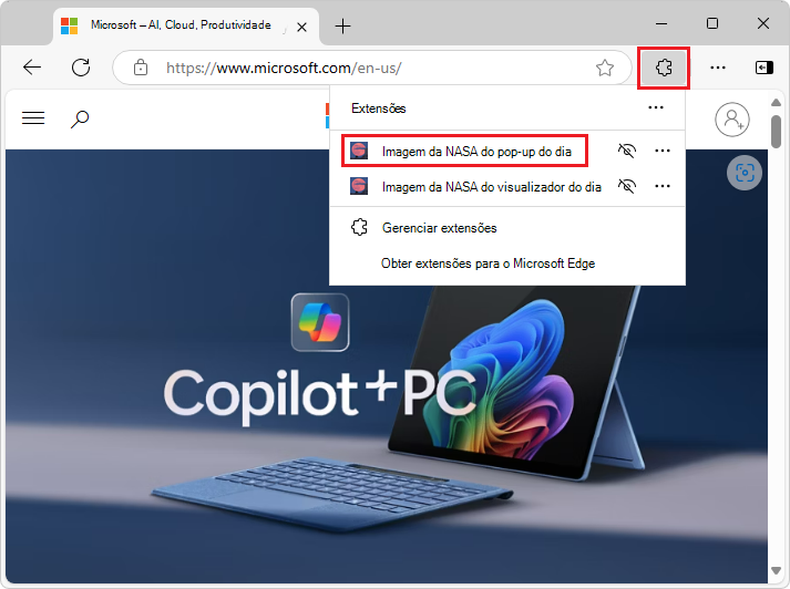 O pop-up Extensions (Extensões)