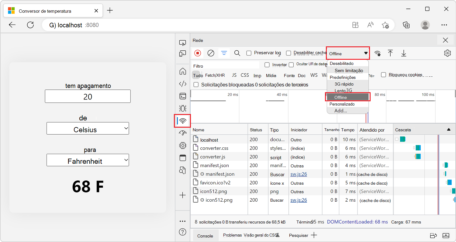 DevTools, a mostrar onde mudar o valor de Limitação para Offline