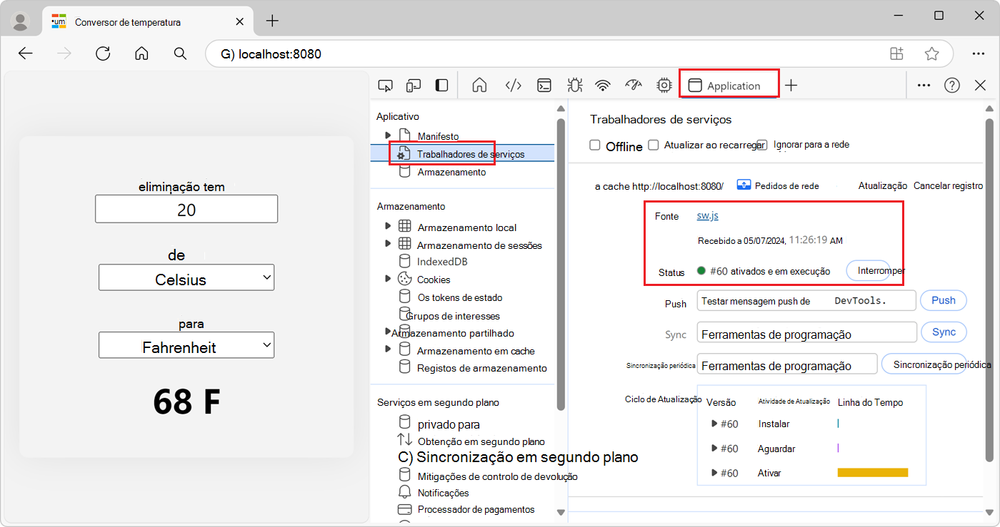 A ferramenta Aplicação DevTools, que mostra o painel Funções de trabalho do serviço, com a nova função de trabalho sw.js em execução